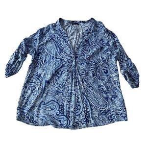 Basic Editions 3/4 Sleeve Blue and White Paisley Abstract Top Women's Size 1X